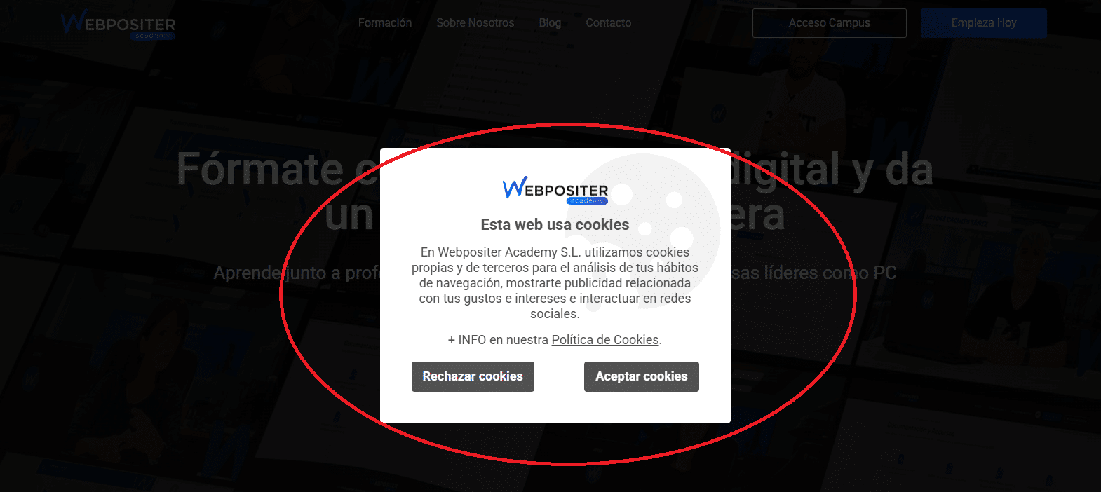 Ejemplo Banner Cookies Webpositer Academy